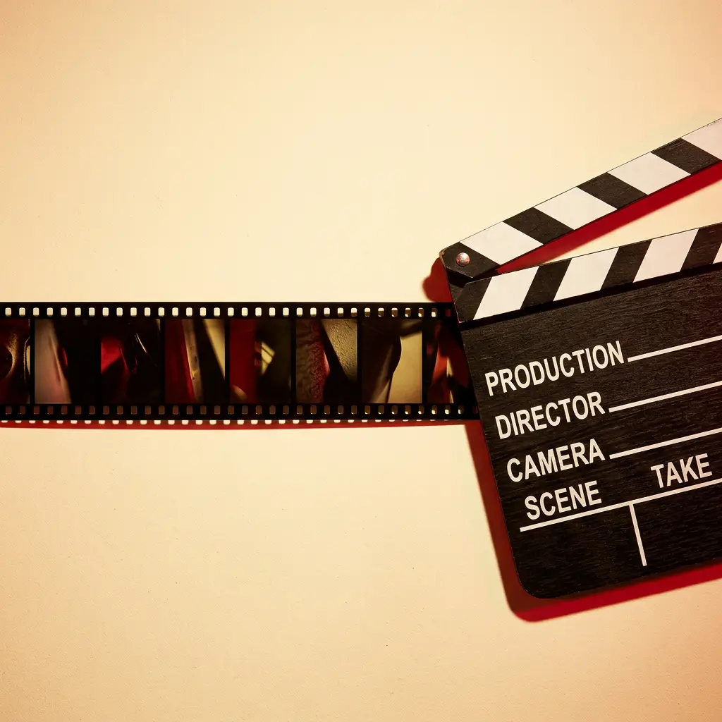 An open film clapperboard rests next to a strip of film on a beige background