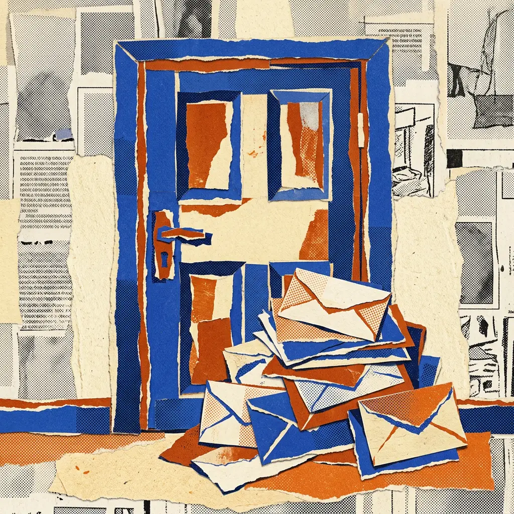 Paper collage of a closed blue door with a pile of envelopes lying on the doorstep