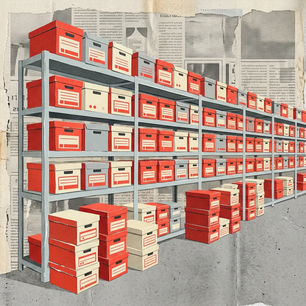 Red and white storage boxes stacked on tall metal shelves against a newspaper print background