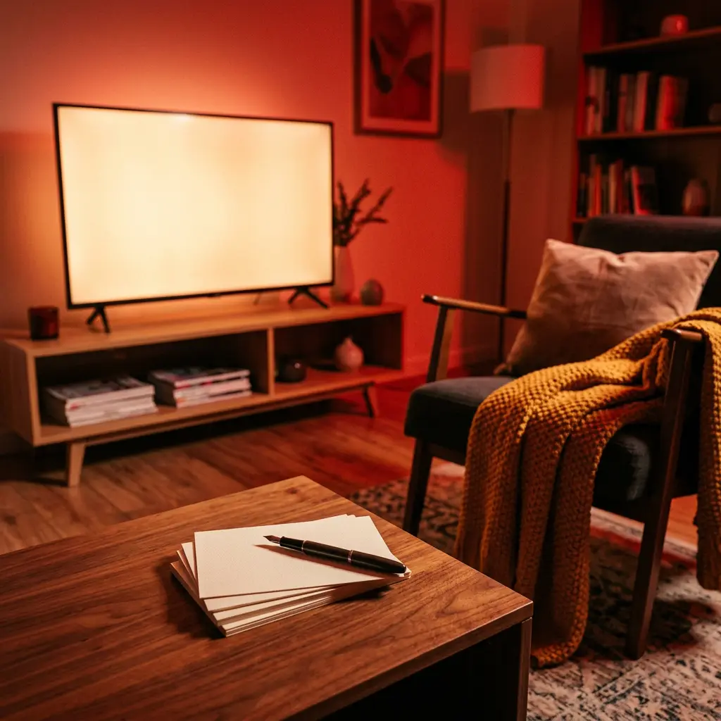 Fountain pen on blank paper on a table in a living room with a glowing television