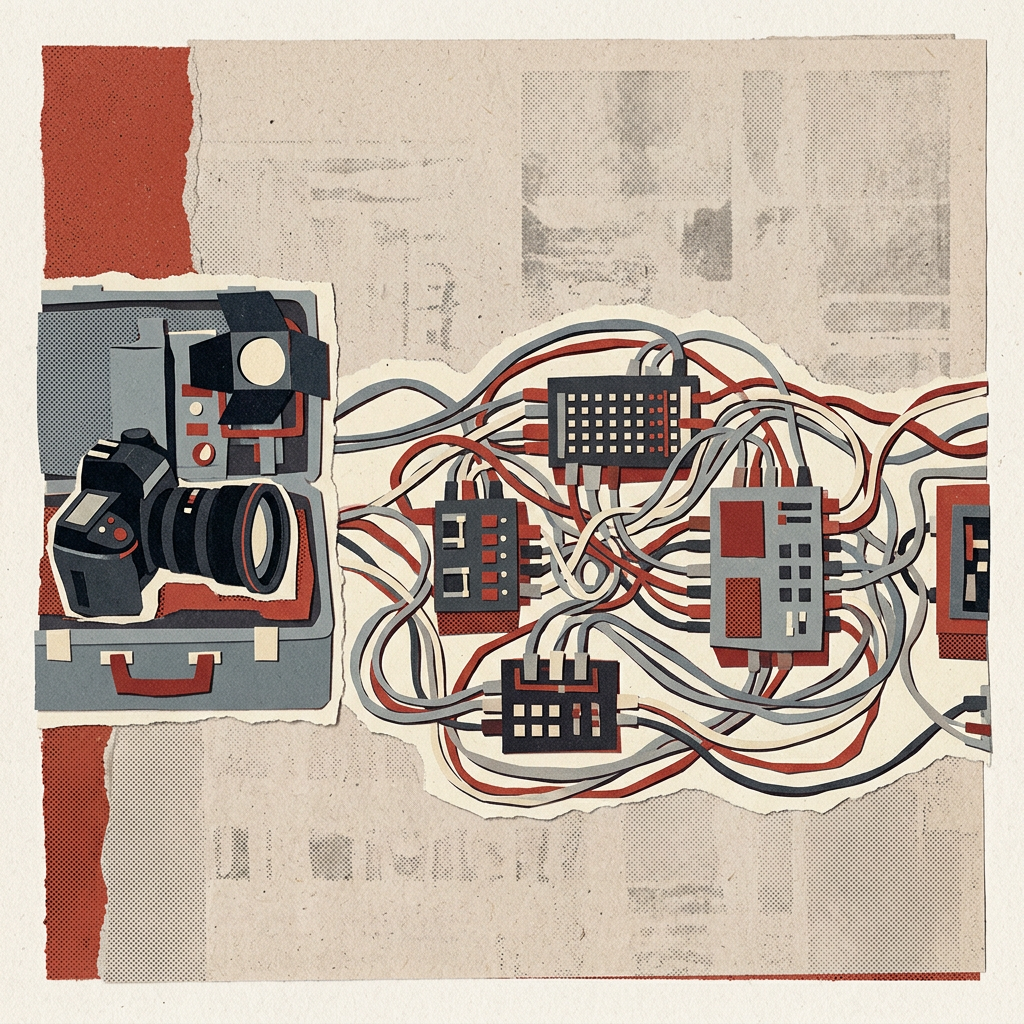 A camera in an open equipment case connects via tangled cables to electronic server boxes
