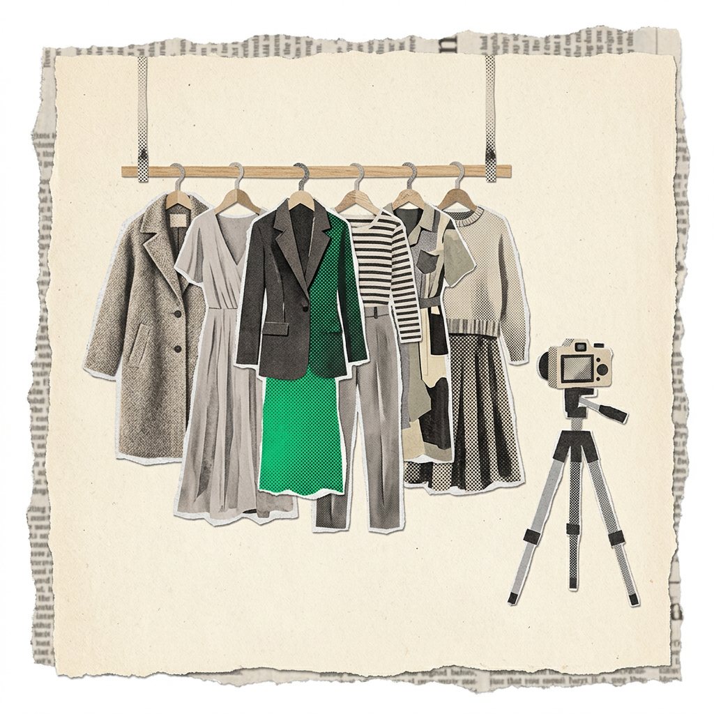 Cutout clothing hanging on a wooden rack next to a camera mounted on a tripod