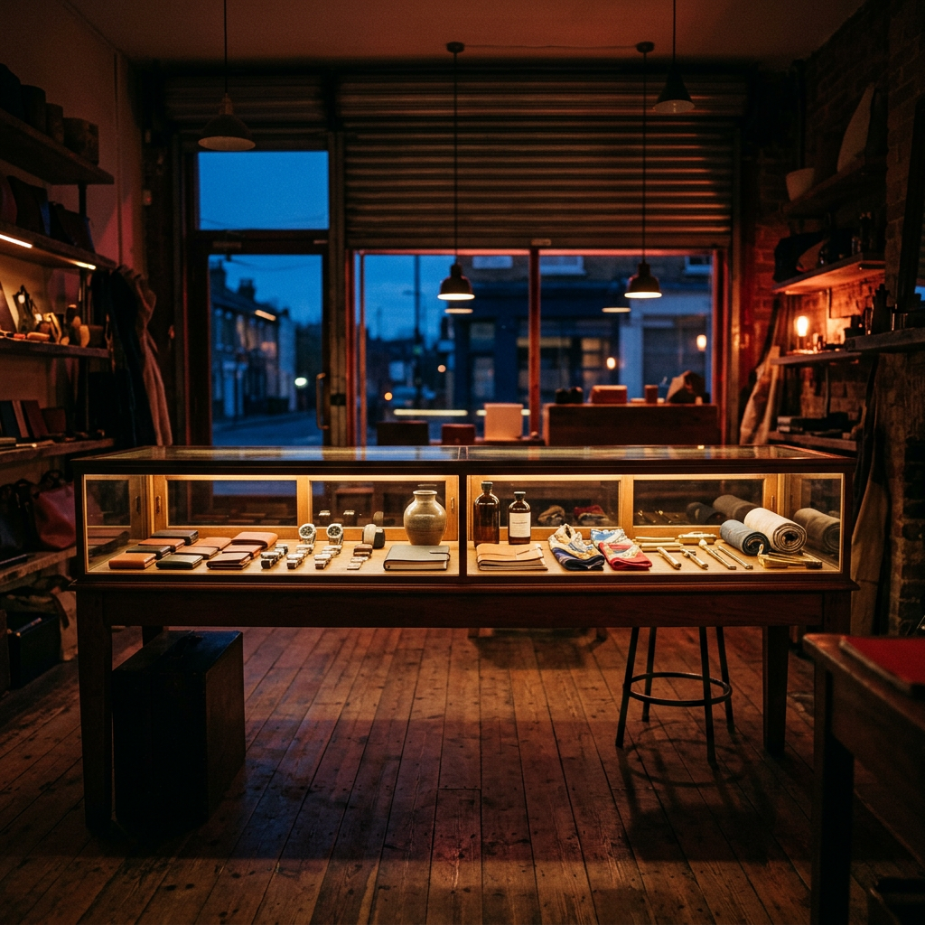 An illuminated glass display case showing watches and leather goods inside a dimly lit boutique