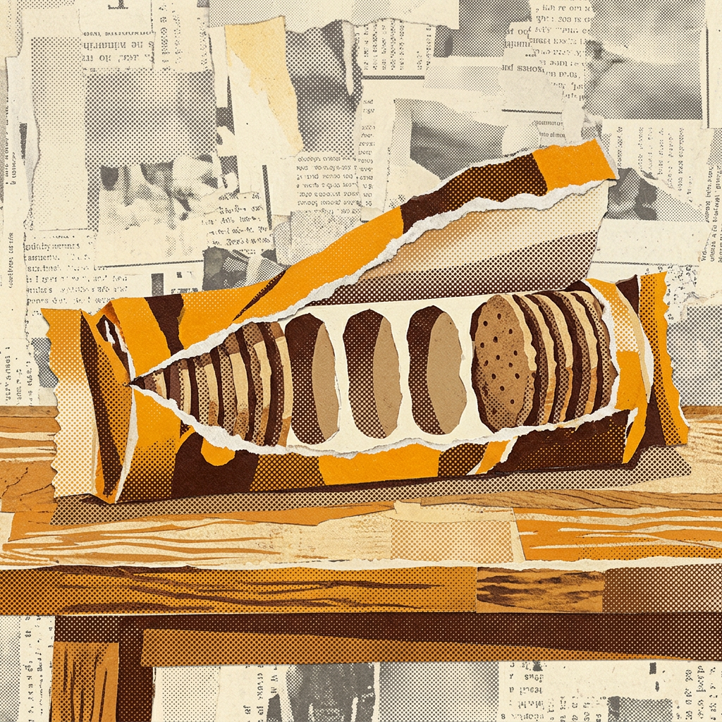 Paper collage of a torn orange wrapper revealing chocolate cookies against a newsprint background