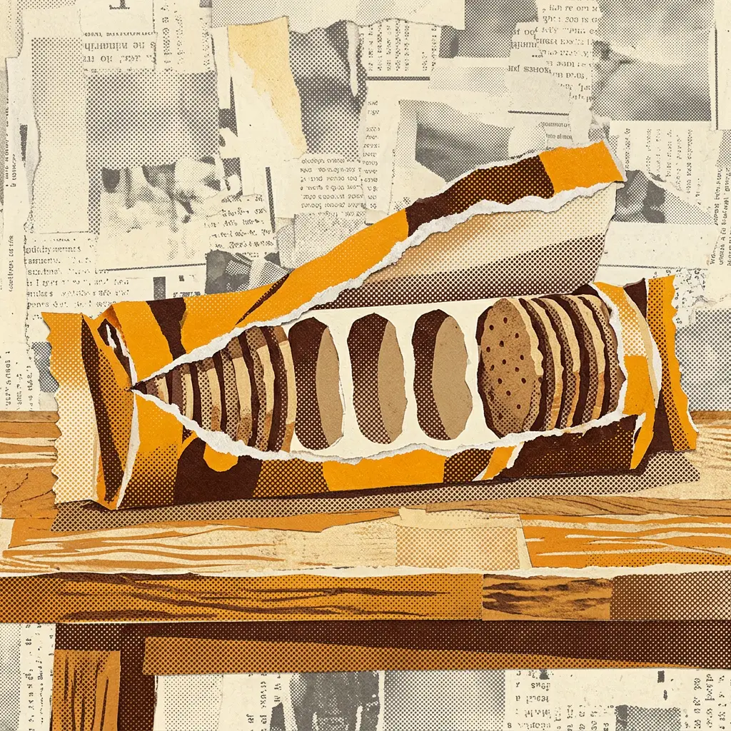 Paper collage of a torn orange wrapper revealing chocolate cookies against a newsprint background