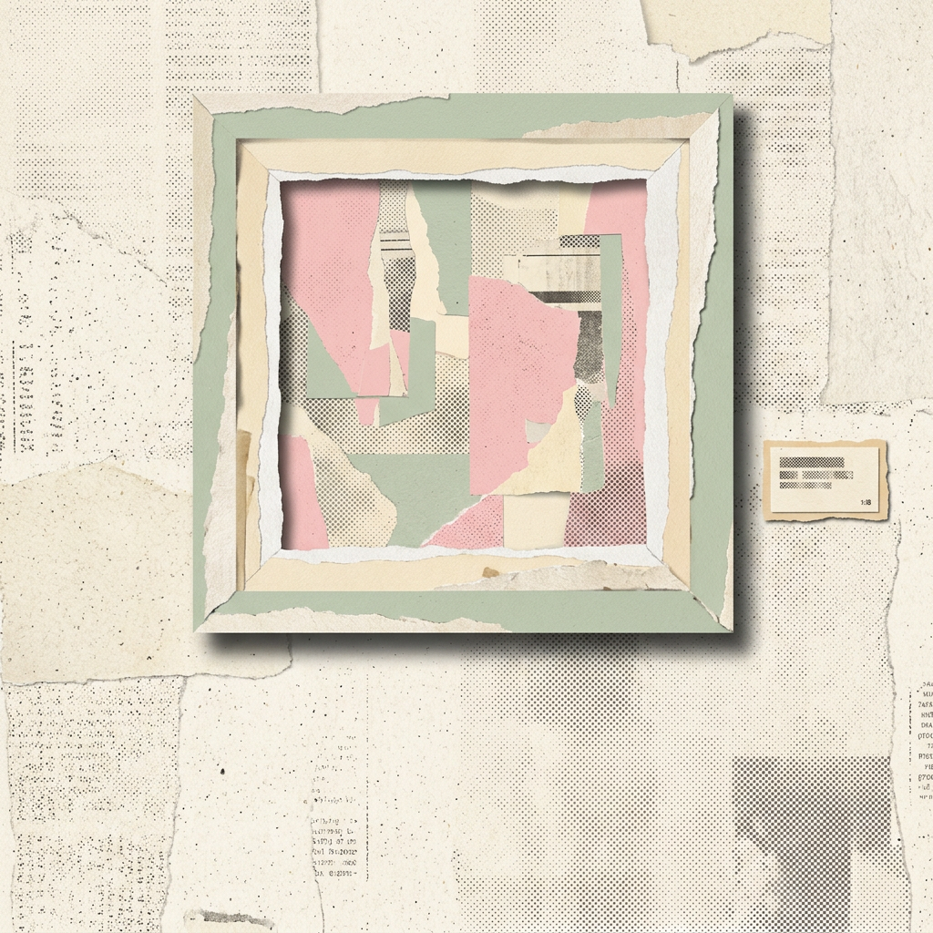 Abstract paper collage of torn pink, green, and halftone patterns inside a layered frame