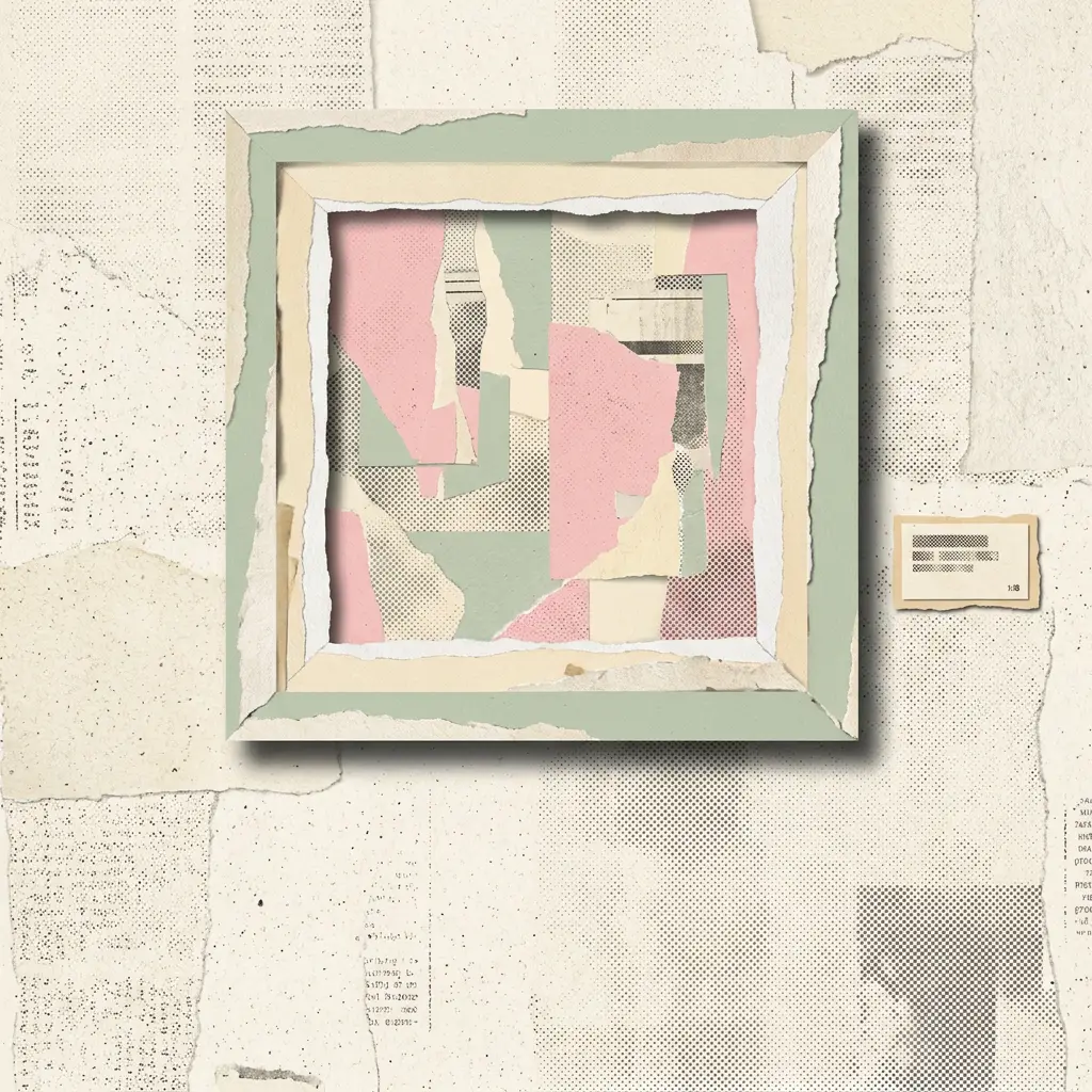 Abstract paper collage of torn pink, green, and halftone patterns inside a layered frame